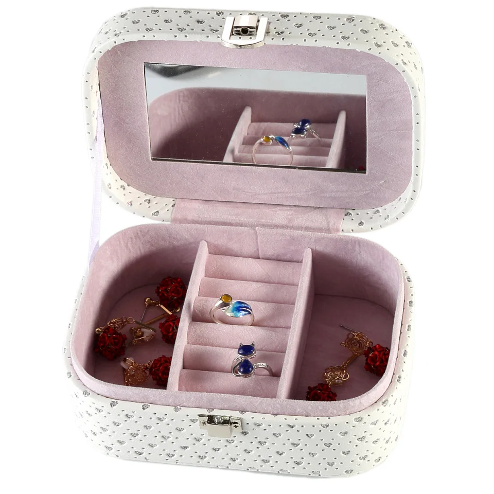 

Round Corner Heart Shining Metal Buckle White Pu LeatherRings Jewelry Storage Display Box With Mirror