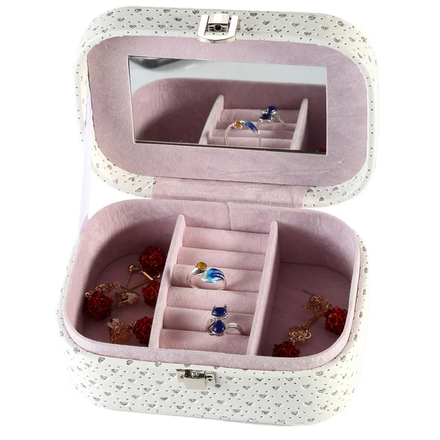 Runde Ecke Herz Glänzende Metallschnalle Weißen Pu Leatherrings Runde Ecke Herz Glänzende Metallschnalle Weißen Pu Leatherrings Aufbewahrungsbox Display Box Mit Spiegel