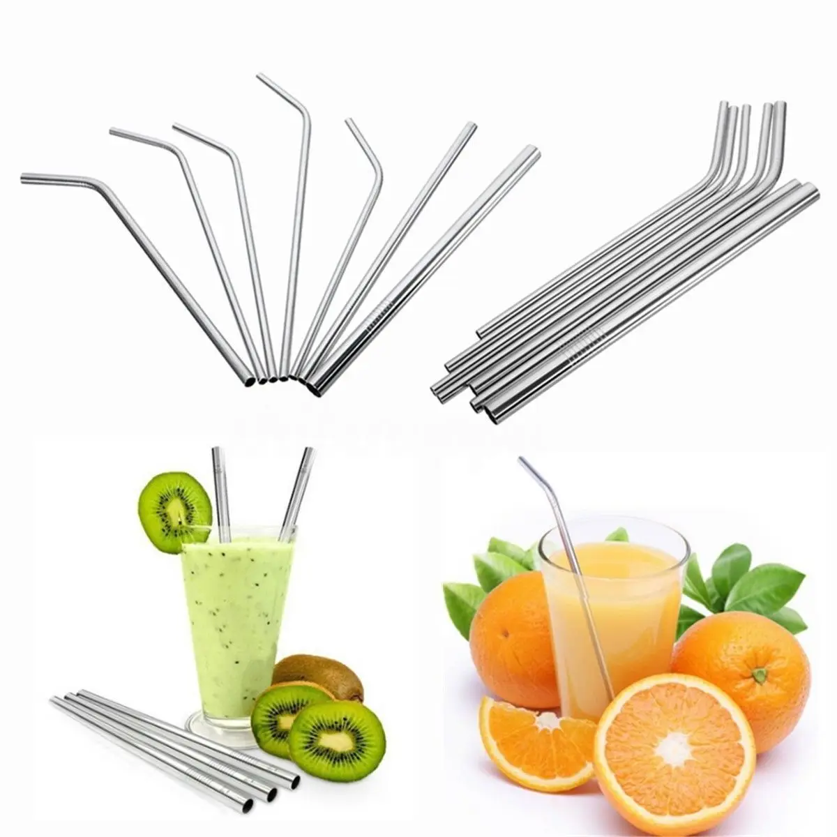 8Pcs Stainless Steel Straight Bend Drinking Straws 2Pcs Cleaner Brush