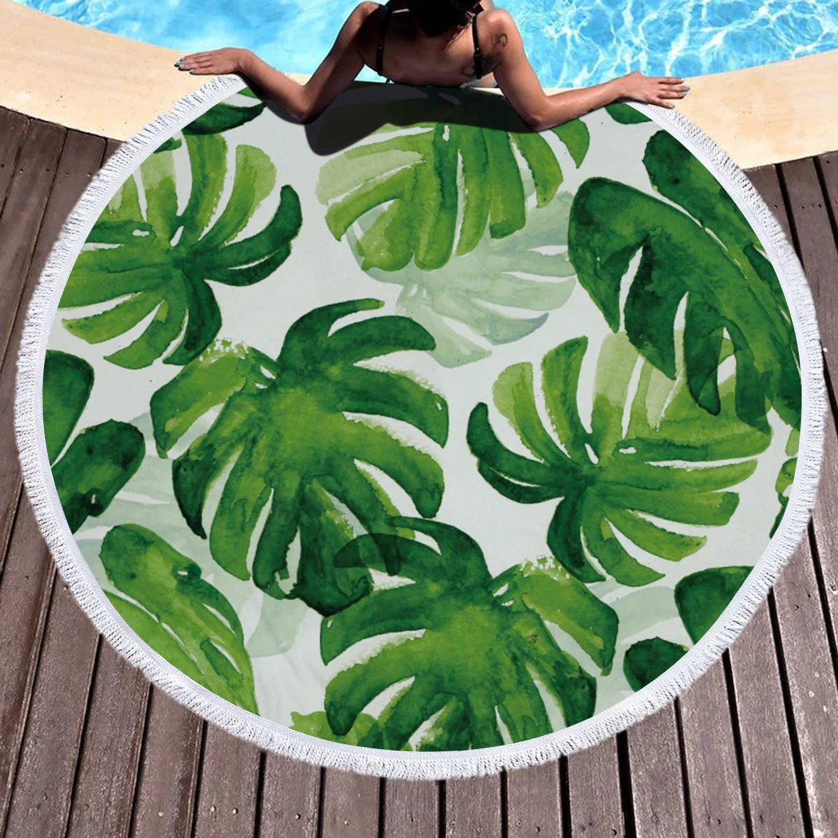 

Green 3D Print Tropical Plants Bath Towel Summer Beach Towel Floral Polyester Circle With Fringe Cactus Swimming Sunbath