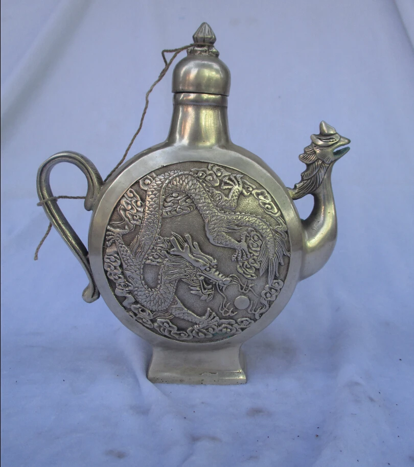 

Collectible Decorated Old Handwork Tibet Silver Carved Dragon and Phoenix Handle Teapot/Flagon Free shipping 00008