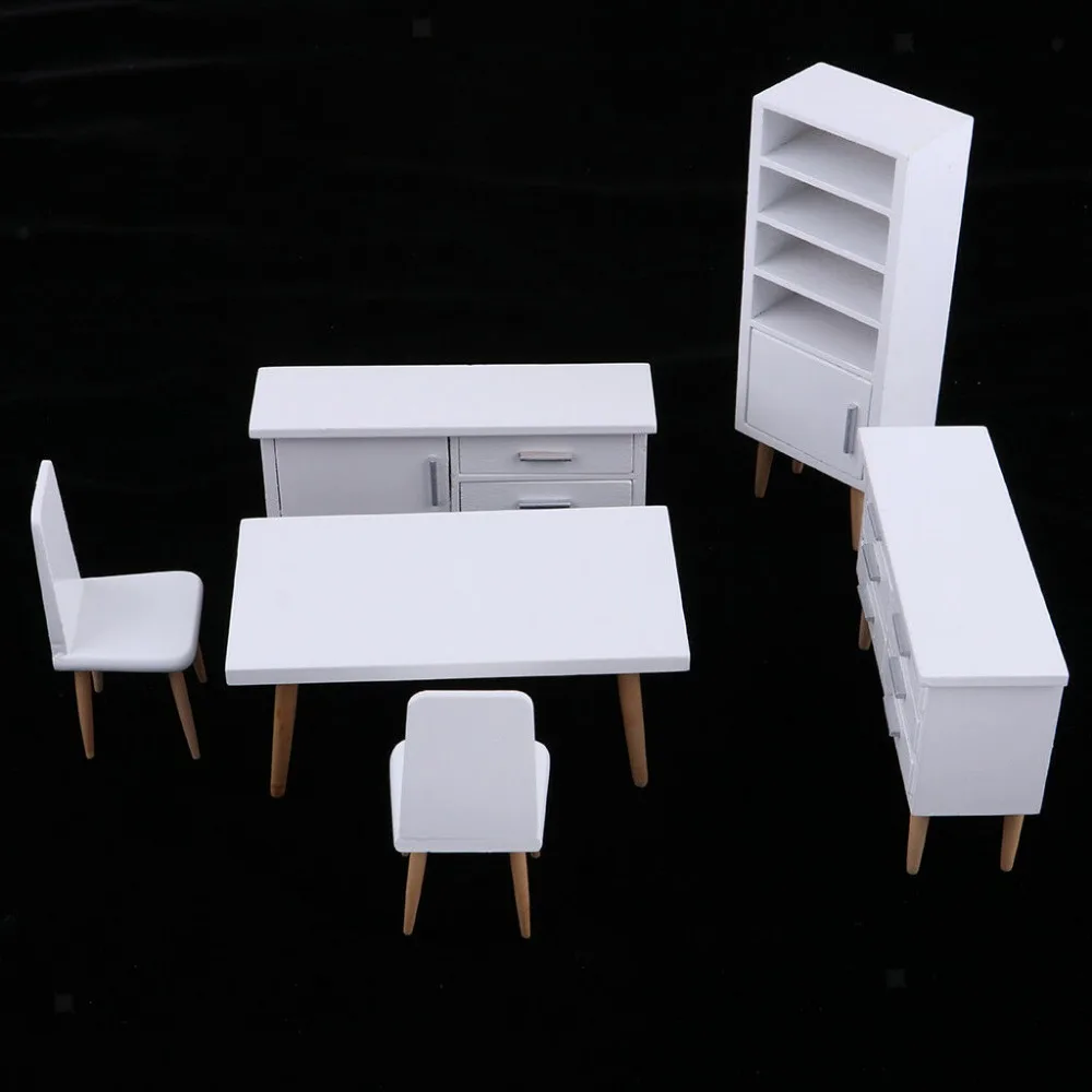 

1/12 Dollhouse Miniature Dining Room Furniture Set White Modern Concise Style Cabinet Table Chair 6pcs WD028A