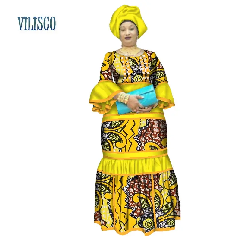 Африканский Базен Riche Платья Для Женщин Длинное Макси платье головной убор бусины Сращивание Дашики традиционная африканская женская одежда WY2641