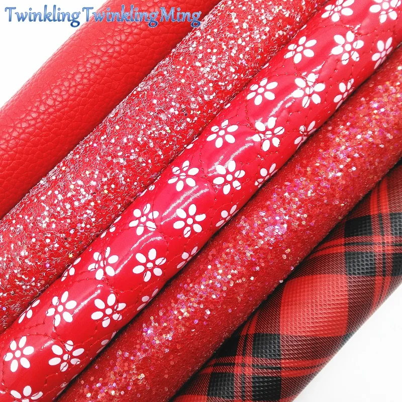 RED Chunky Glitter Canvas Sheet, 8"x11" Glitter Sheets, Tartan Litchi Faux Leather Sheet For Hair Bow& Earring Fabric XM050