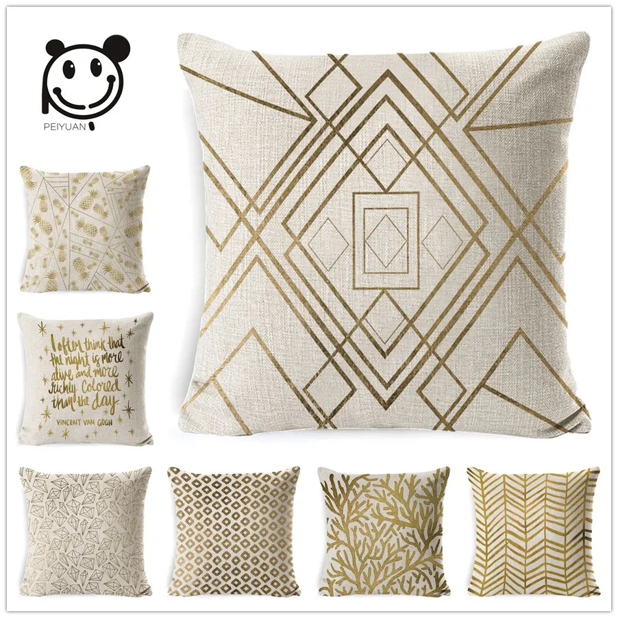 

Peiyuan Comfortable Travel Decorative Throw Pillow Case Golden Lines Geometry Pattern Car Sofa Chair Cushion Cover Home Decor