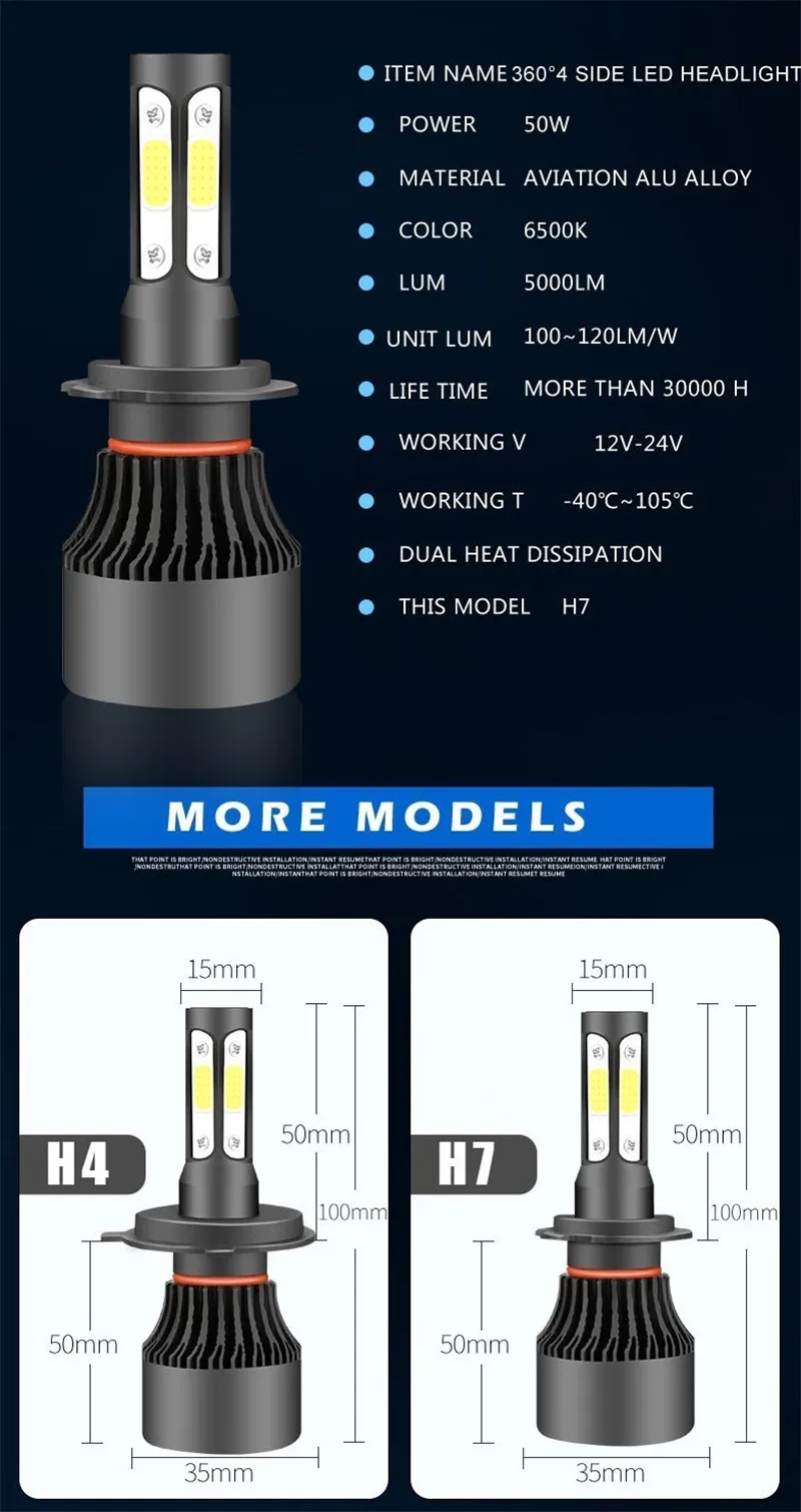 100 Наборы авто светодиодный 50 Вт H7 H11 9005 9006 H4 автомобиля 12v светодиодные фары H4 9004 9007 H13 9012 светодиодный свет 6500K