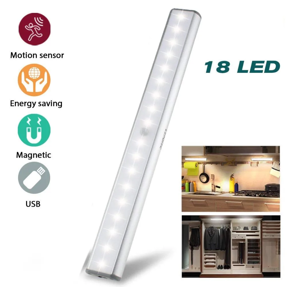 cheap Under Cabinet Lights Closet Lights Motion Sensor 18 LED USB Rechargeable Wireless Cabinet Lighting Magnetic Stick Emergency