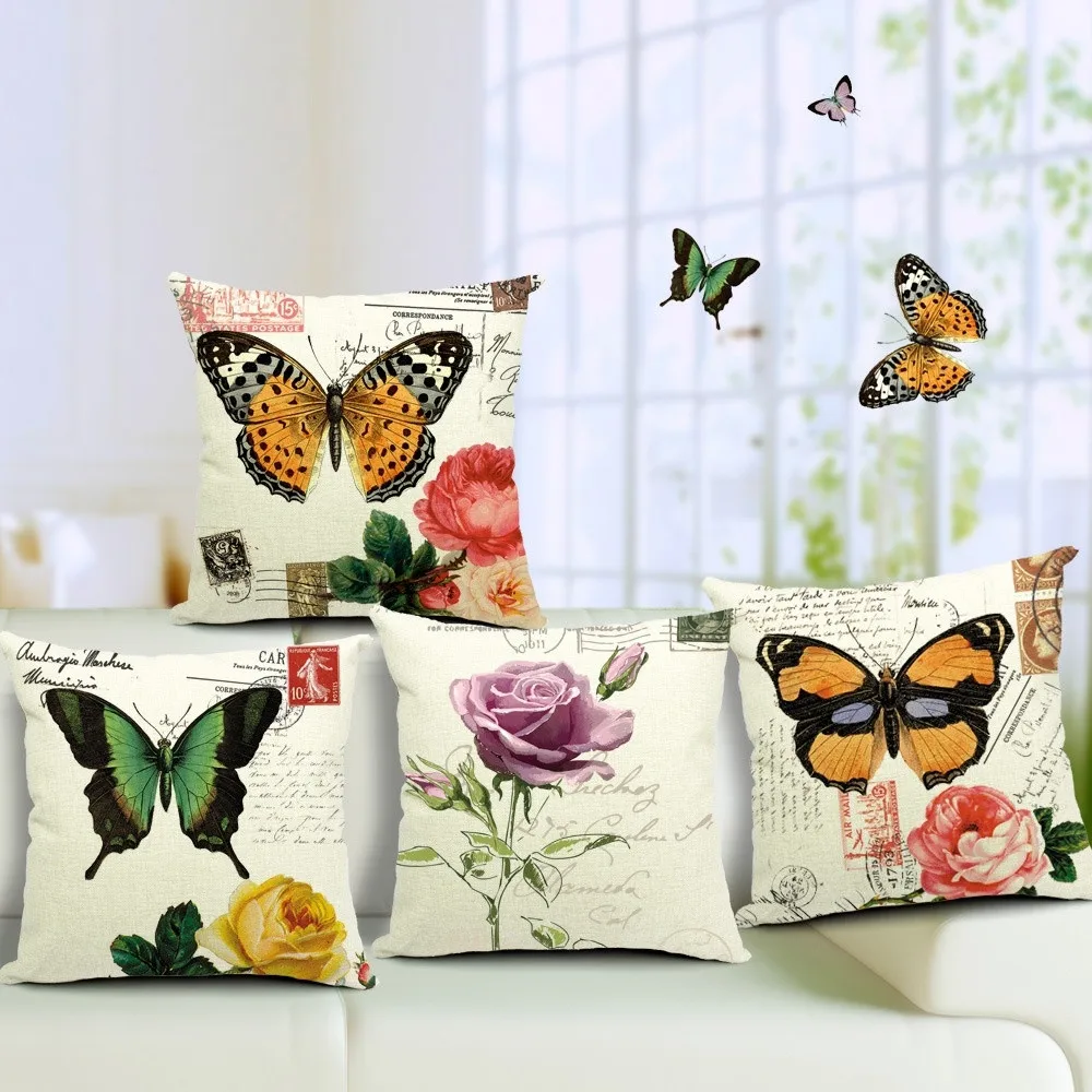 

High Qualtity Vintage Butterfly Rose Cushion Cover Cotton Linen Pillowcase Flower Chair Seat Car Euro Throw Pillow Cojines