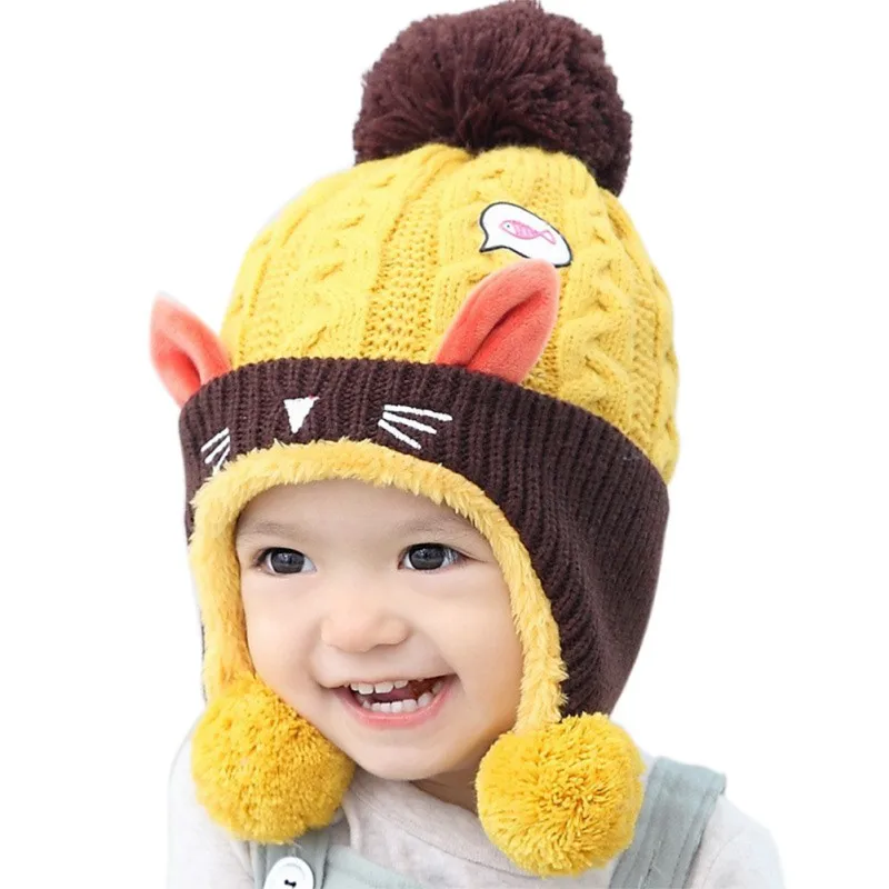 Digood Suit for 1-4 Years Old Kids Baby Boys Girls Cute Beanie Cat Cotton Hat Children Print Knitting Hats
