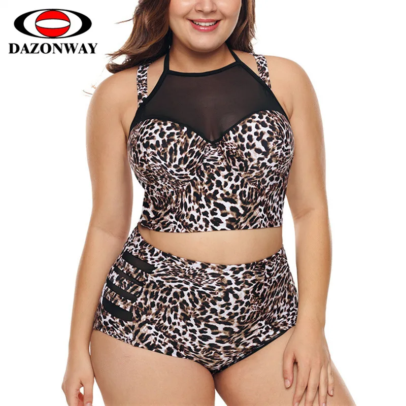 

DAZONWAY Plus Size Swimsuit Women's Two-piece Suit Sexy Mesh Stitching Print Large Size Split Swimwear Split Bikini Set M~XXXL