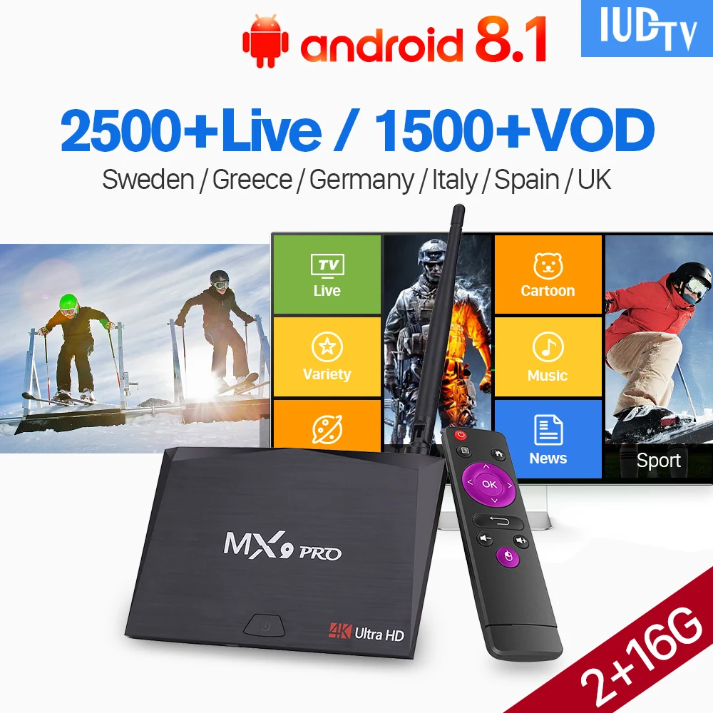 

Android 8.1 Box MX9 Pro Support BT Dual-Band WiFi 2G 16G IPTV UK Germany Spain IUDTV H.265 Decoder IPTV Subscription Europe