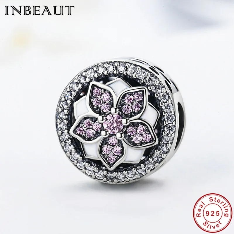 

Pink CZ Petal Round Spacer Beads fit Fashion Bracelet 925 Sterling Silver Cubic Zirconia Flower White Enamel Charm DIY Jewelry