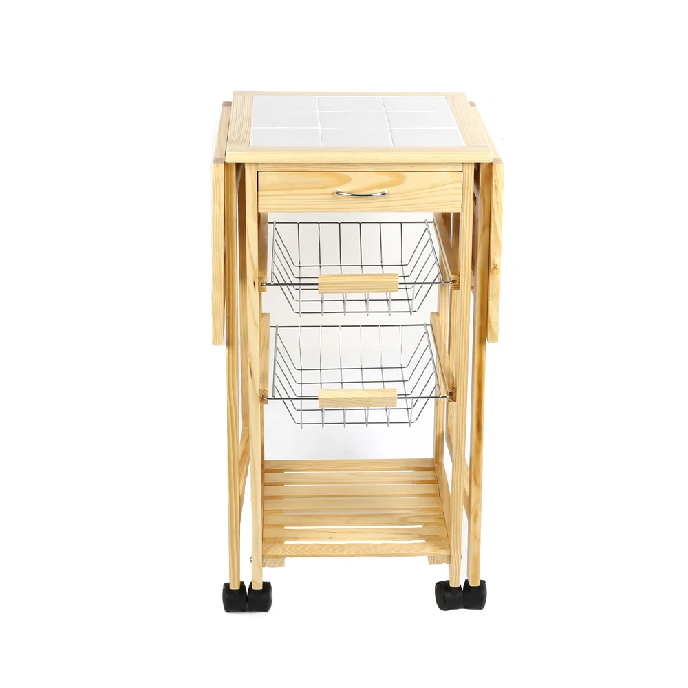 New Arrival Portable Folding Kitchen Rolling Tile Top Drop Leaf Storage