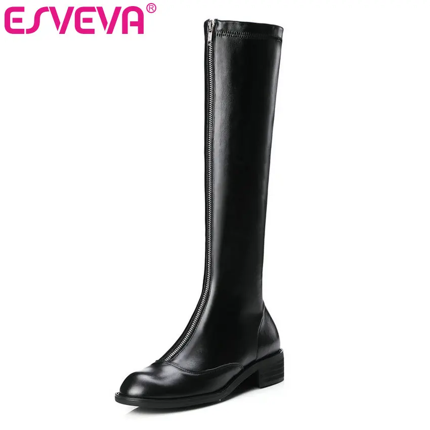 

ESVEVA 2020 Women Knee-high Boots Square Low Heels Zip Round Toe Autumn Motorcycle Boots Woman Fashion Shoes Size 34-39
