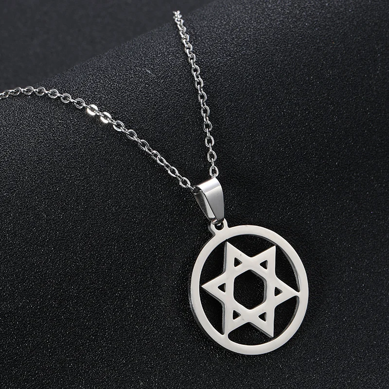 

Jewish magen Star of David Round pendant Necklace for Men Stainless steel Black/Steel color Hexagram Necklace Turkey jewelry