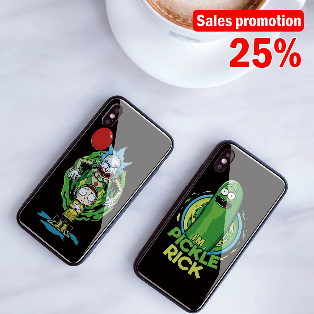 ريك Morty المخلل إطار زجاجي قوي للهاتف المحمول ل iphone 8 7 6 ثانية 6 X زائد XS حالة مخصصة DIY الغلاف الخلفي ل iphone XR XS ماكس
