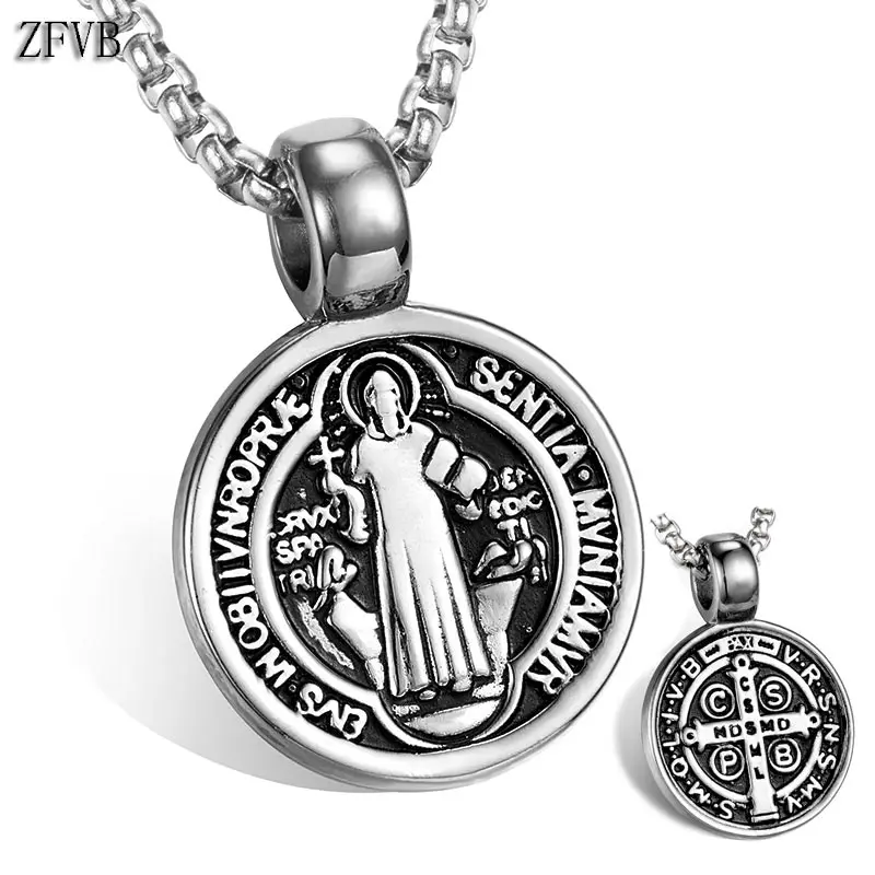 

ZFVB Catholicism Cross Necklaces Pendants Men Stainless Steel Vintage Religion Virgin Mary Pendant Necklace Jewelry Gifts