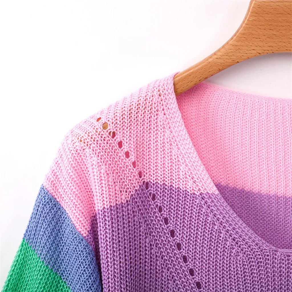 35& Женская блузка в радужную полоску, Вязаные Рубашки в стиле пэчворк, с длинным рукавом, Modis, Осенние Топы, винтажные уличные, повседневные, HautFemme