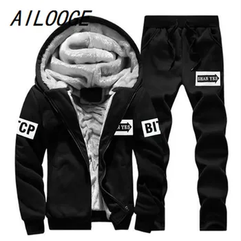 

AILOOGE Men Tracksuit Set Winter Fleece Hood Jacket+Pants Sweatshirts 2 Piece Set Hoodies Sporting Suit Coat SportSet Sportswear
