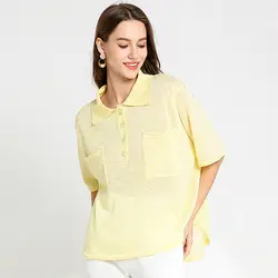 Женская рубашка с круглым вырезом модная 2019 льняная с отворотом 3/4 рукав футболки желтый