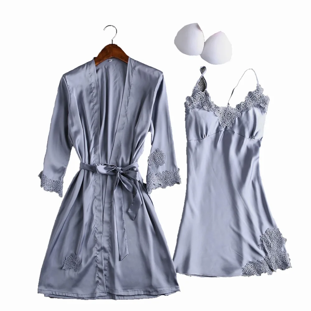 Silk Satin Night Dress Solid Womens Pajamas Robes Sets Two Piece Summer ...