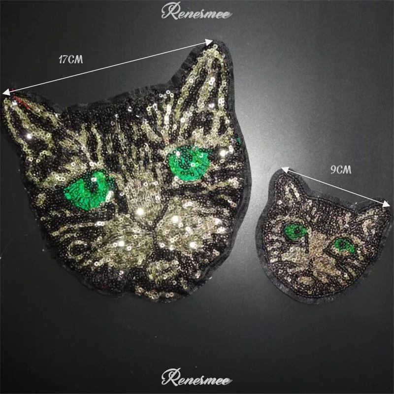 Большой маленький кот с блестками аппликация Одежда Вышивка патч ткань наклейка Железная на патч поделки шитье ремонт зеленый цвет - Цвет: big cat 1pc