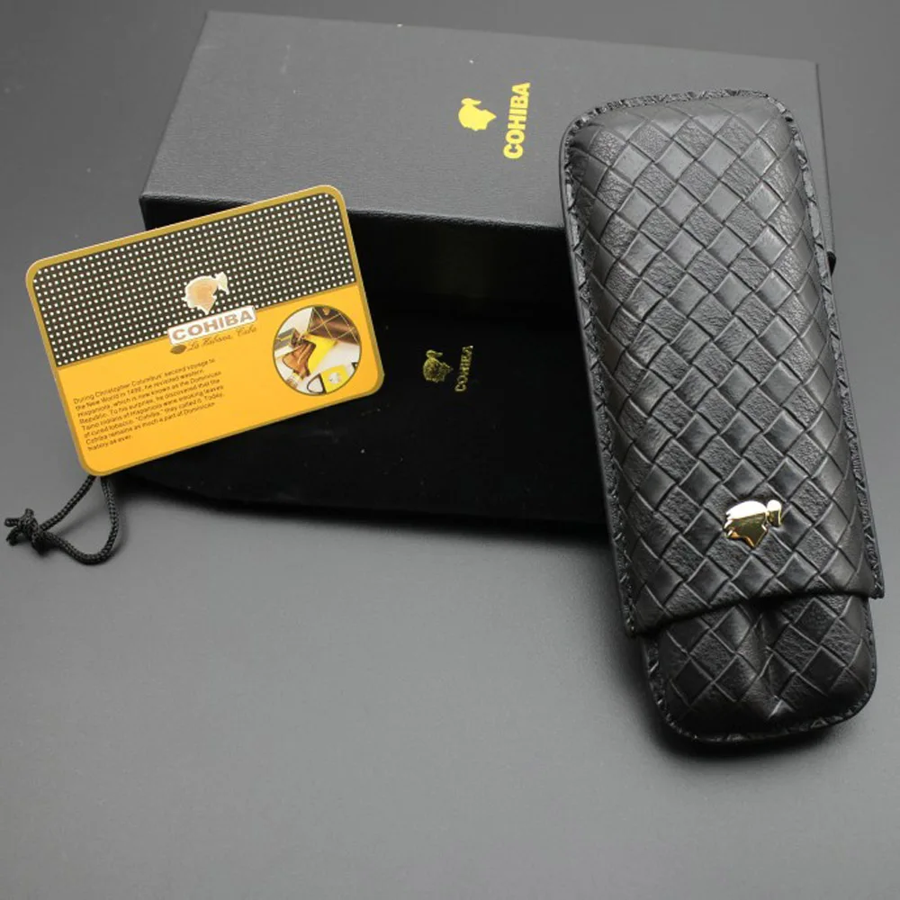 COHIBA гаджеты черная сетка кожаный портсигар держатель Чехол Humidor 2 трубки граф Портативный Путешествия Humidor с подарочной черный Чехол Коробка