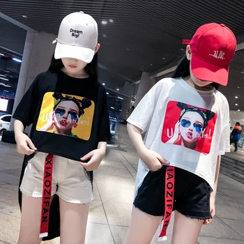

Children's Jazz Dress Costume Stree Dance Clothing Korean Version Summer Girls Loose Personality Fashion T-shirt DQT1023