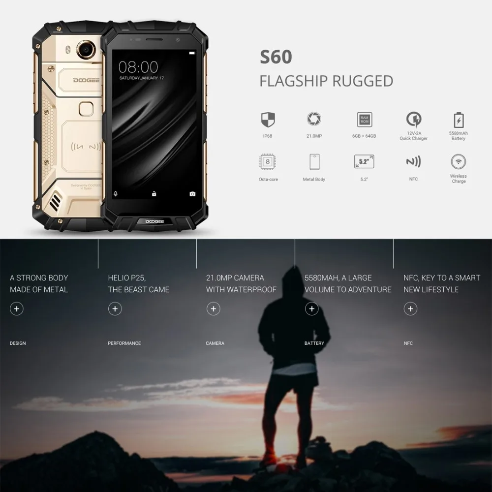 Doogee S60 6 ГБ 64 Гб IP68 водонепроницаемый беспроводной заряд Android 7,0 5,2 дюймов FHD 4G LTE смартфон MTK Helio P25 Восьмиядерный NFC OTG