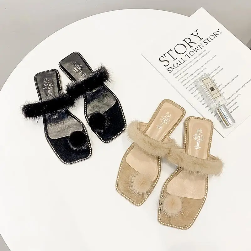 

Women Fur Flip Flops Flat Heel Furry Slippers Summer Lady Fuzzy Shoes