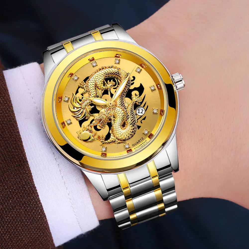 Бизнес для мужчин s золотой дракон скульптура кварцевые часы с кристаллами и алмазами Роскошные для мужчин сталь светящиеся наручные часы Hodinky для мужчин relogs 40Q