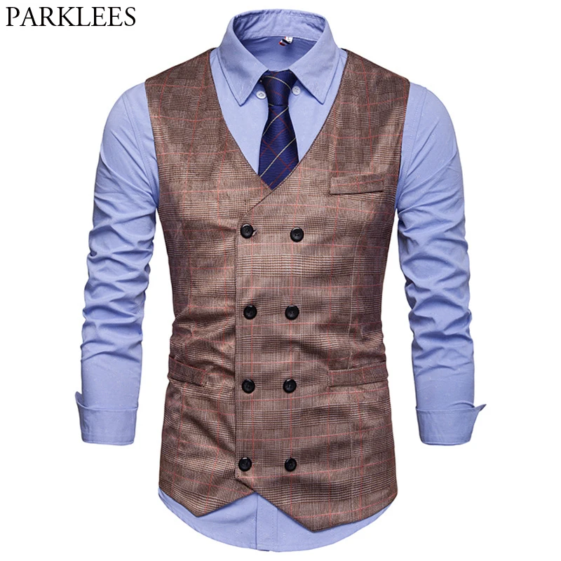 

Men's Checked Plaid Slim Fit Dress Vest 2019 Brand New Double Breasted Sleeveless Wasitcoat Men Business Casual Gentleman Gilet