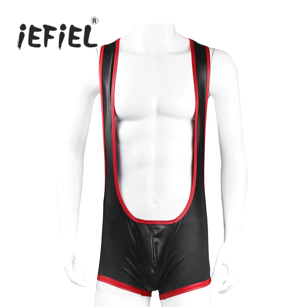 

iEFiEL 2017 Sexy Mens Open Butts Boxer Bodysuit for Hot Lingerie Night Patent leather Underwear Bodystocking for Men's Singlet