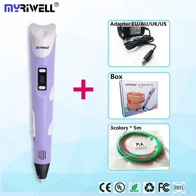 Myriwell 3d Ручка и 200 м(ABS100m+ PLA100M) 1,75 мм нить 3d Ручка для печати+ копировальная доска шаблон+ 3d Ручка подставка+ Пальчиковый рукав - Цвет: only  purple