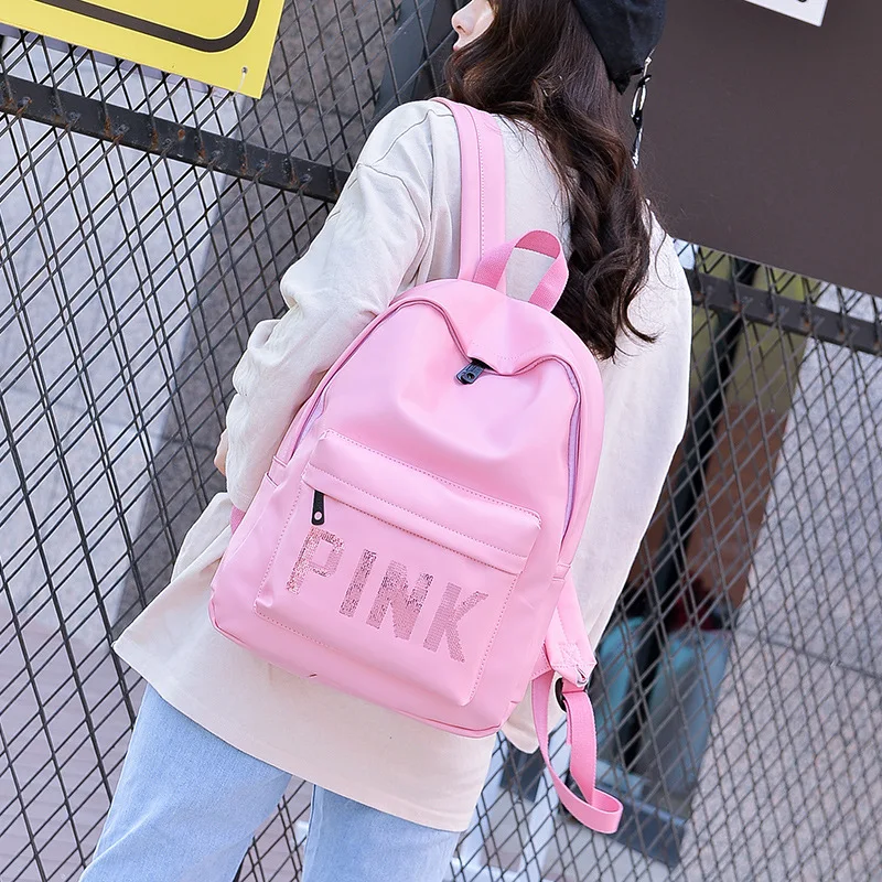 

Quality Women Leather Backpack Pink Letter Bolsas Mochila Feminina Large Girl Schoolbag Travel Bag School Backpack Black Bagpack