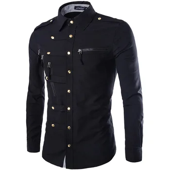 

2019 New Epaulet Double Pocket Spring Autumn Men Long Sleeve Cargo Shirt Casual Slim Fit Fashion Mens Dress Shirt Button00