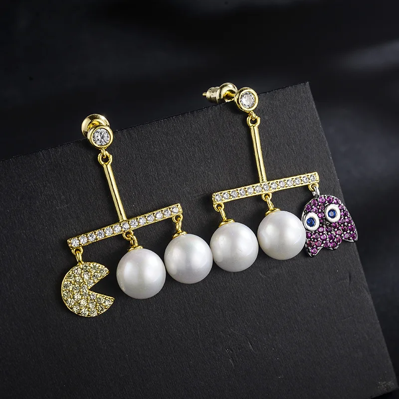

New Fashion Unique cartoon creative new Pac Man pearl earrings for women ZK40