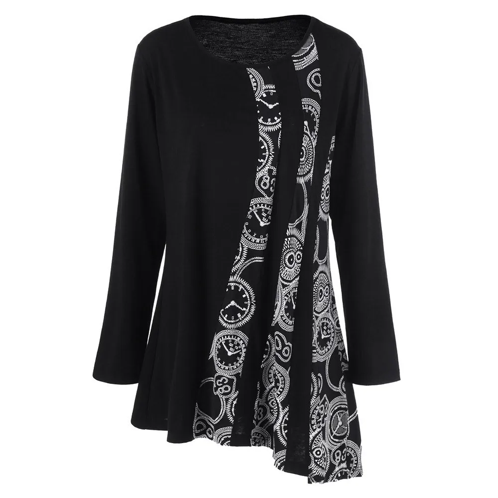 Black Printed Simple T Shirt Women Autumn Large Size Asymmetrical Fashion Street Loose Casual T 
