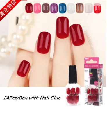 

2017 Hot Sale 24pcs Artificial Nails Shiny Bling Acrylic False Nails Short Art Tips with Glue Sticker