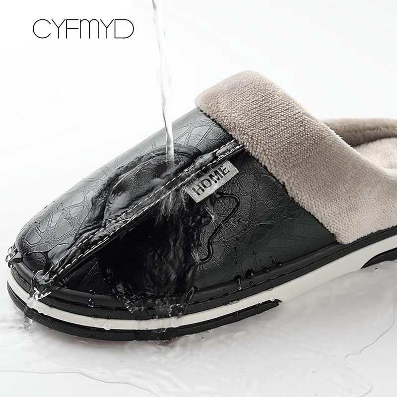 2019 Men Leather Slippers Winter Memory Foam size 40-49 Indoor Slipper Male Non-Slip short plush Warm House slippers for man