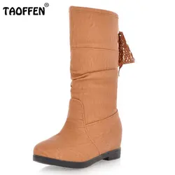 TAOFFEN/Для женщин кружева на плоской подошве полусапожки модные зимние теплые плотные плюшевые меховые зимние сапоги до середины икры обувь