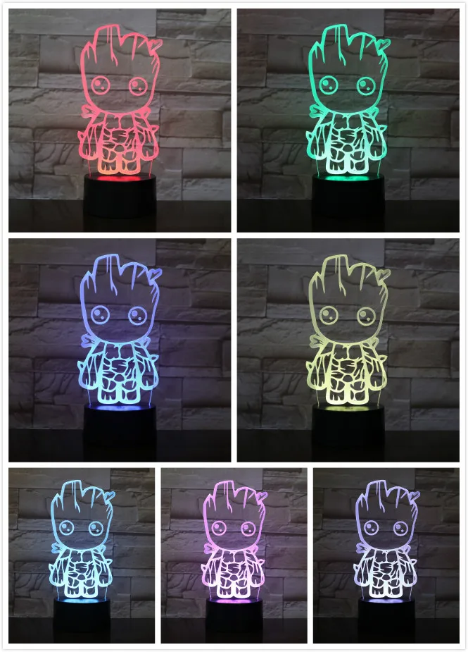  Usb 3d Led Night Light Marvel The Avengers Super Heroe Tree Man Groot Figure 3d Illusion Multicolor - 32962536481
