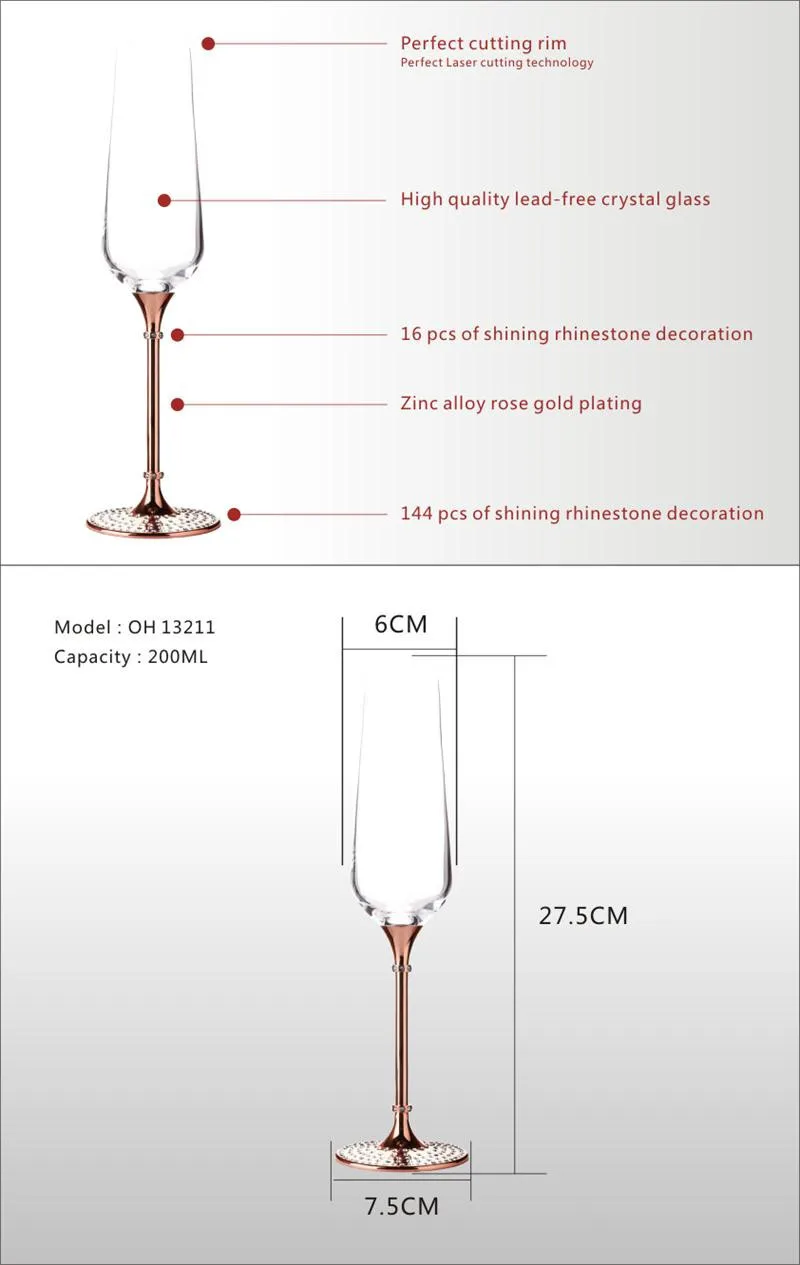 Прозрачного хрусталя 200 мл шампанское очки набор с розовое золото металлический стержень