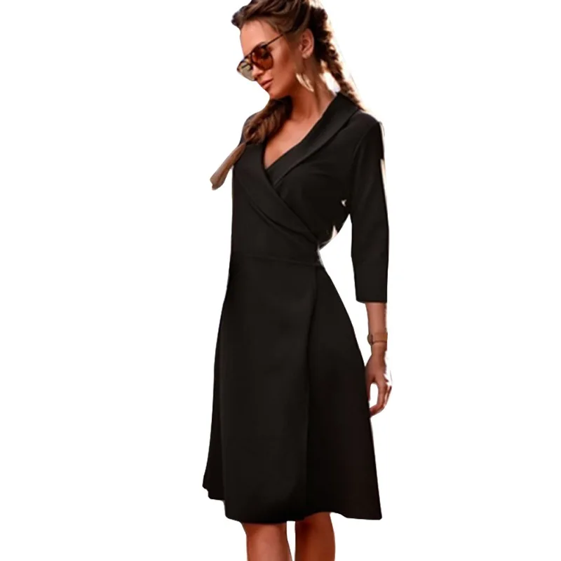 

Autumn Women Sexy V Neck Empire Dress Lady Casual Three Quarter Sleeve Lace Up Bow Solid Sashes Dresses