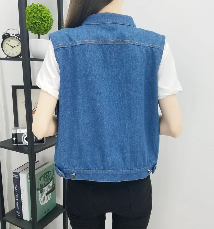 Large Size Bust 5XL Women's Jeans Vest Summer Thin Pure Blue Pocket Jacket Cardigan Sleeveless Female O-Neck Button Waistcoat