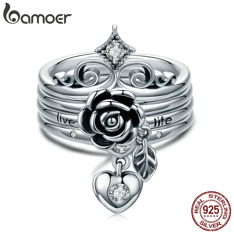 

BAMOER New Arrival 100% 925 Sterling Silver Punk Style Heart Crown, Rose Flower Finger Rings for Women Sterling Silver Jewelry
