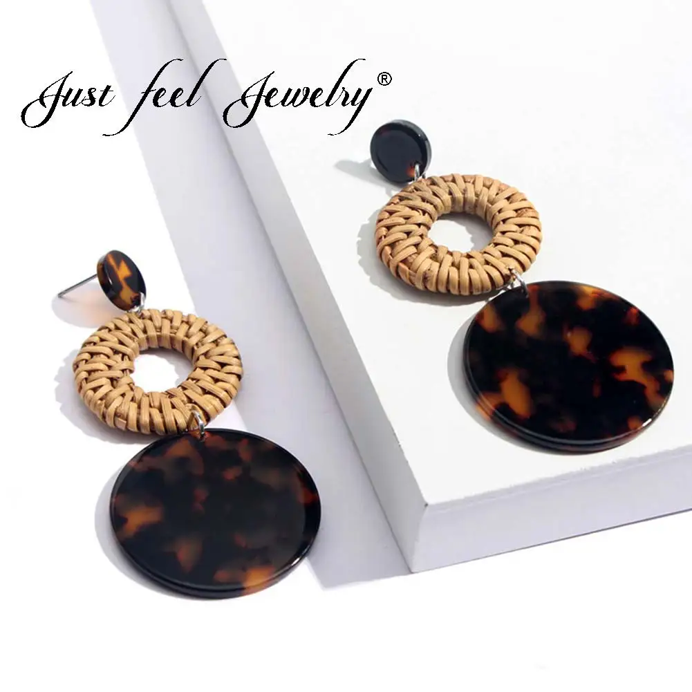 Женские плетеные серьги из ротанга JUST FEEL Модные Акриловые круглые подвески