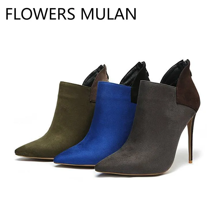 

New Designers Patchwork Mixed Color Suede Ankle Boots for Women Chic Pointed Toe High Heels Zapatos De Mujer Back Zip Shoes
