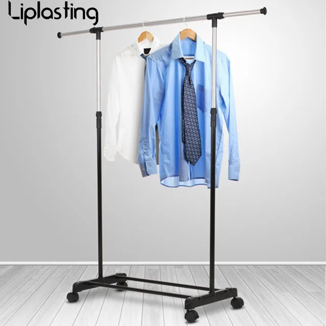 Liplasting High Quality Adjustable Single Garment Rack Portable Clothes Hanger Organizer Heavy Duty Rail with Wheel HWC