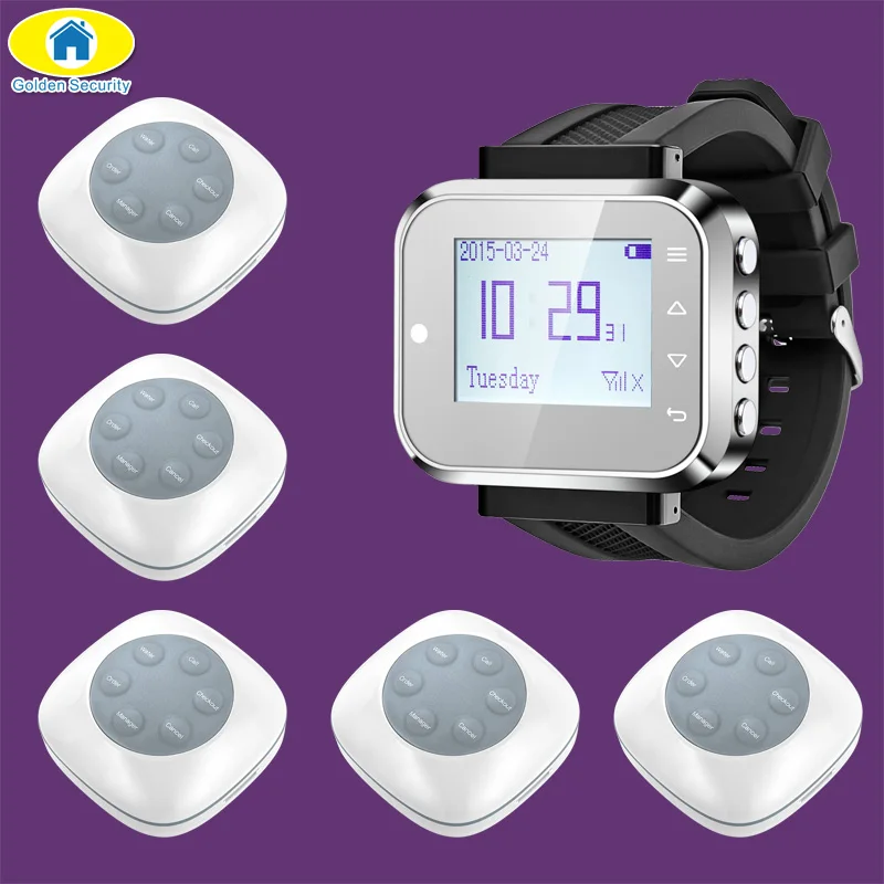 

Golden Security FSK C166 Watch Wireless Calling System Pager for Office Restaurant Coffee Shop Service System,5 Pager Buttons